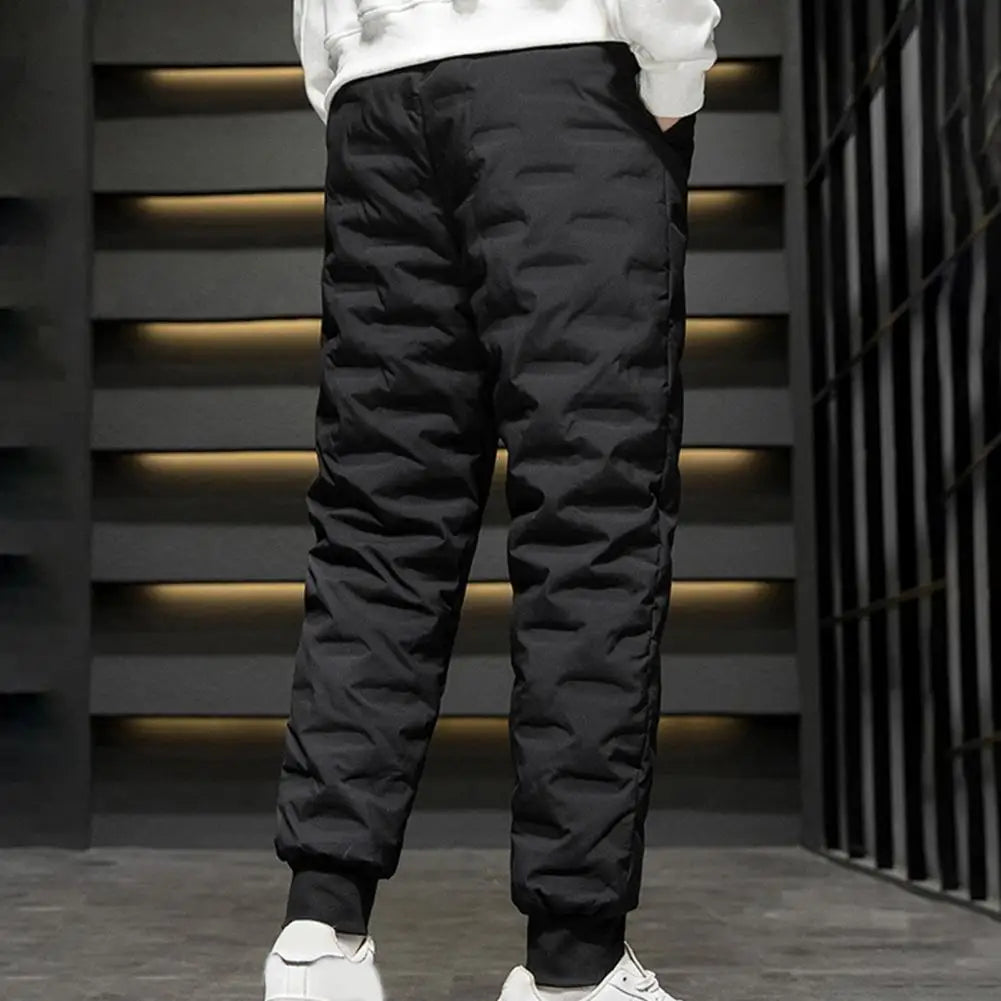 Men Autumn Winter White Duck Down Padded Thermal Sweatpants Elastic Waist Drawstring Pockets Thickened Joggers Pants Streetwear