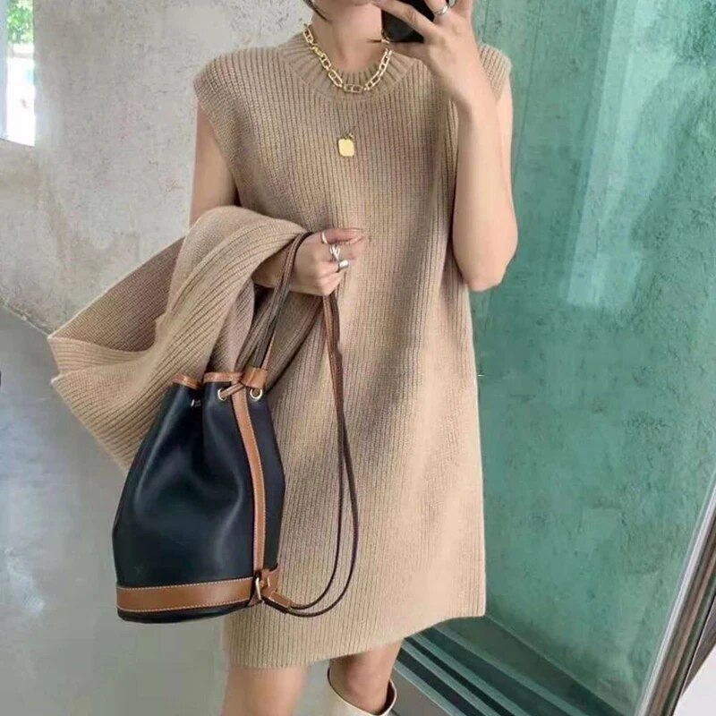 ITOOLIN Two-piece Dress Sets Winter Outfit Women Knitted Dress Set Fleece Casual Tracksuits Autumn Sweater and Tank Dress