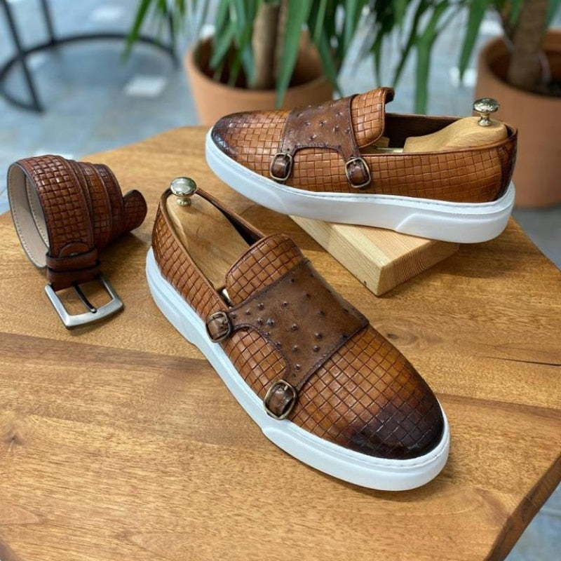 New Brown Men&#39;s Vulcanize Shoes Double Buckle Monk Shoes Black  Slip-On Lazy Shoes Handmade  Free Shipping Men Casual Shoes