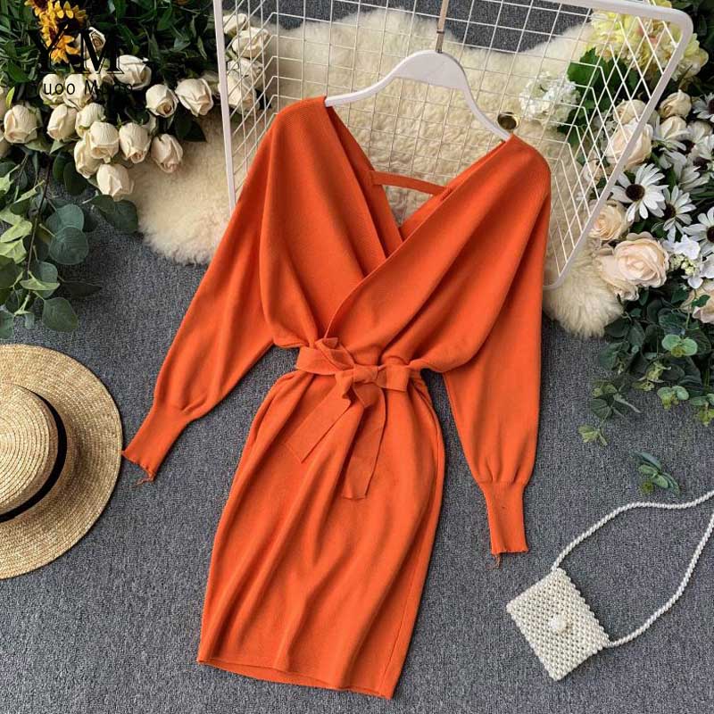 YuooMuoo Autumn Winter Women Knitted Sweater Dress 2022 New Korean Long Batwing Sleeve V Neck Elegant Dress Ladies Bandage Dress