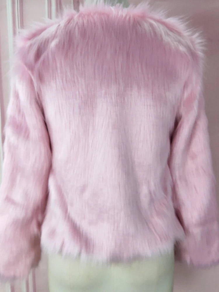 Pink Furry Fur Coat for Women White Fluffy Warm Lady Long Sleeve Female Outerwear Autumn Winter Coat Jacket Collarless Overcoat