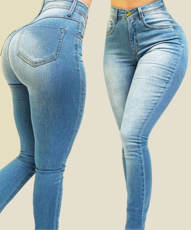 Woman&#39;s pure color jeans denim high waist jeans street play cultivate one&#39;s morality pants shaping figure with high waist jeans