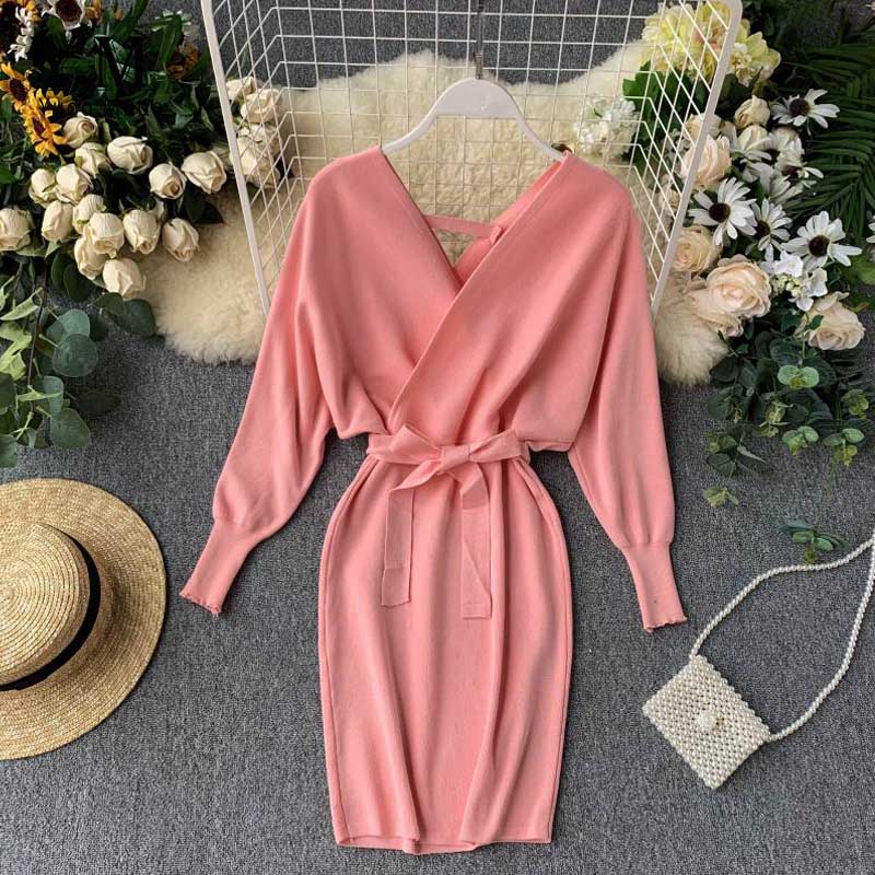 YuooMuoo Autumn Winter Women Knitted Sweater Dress 2022 New Korean Long Batwing Sleeve V Neck Elegant Dress Ladies Bandage Dress