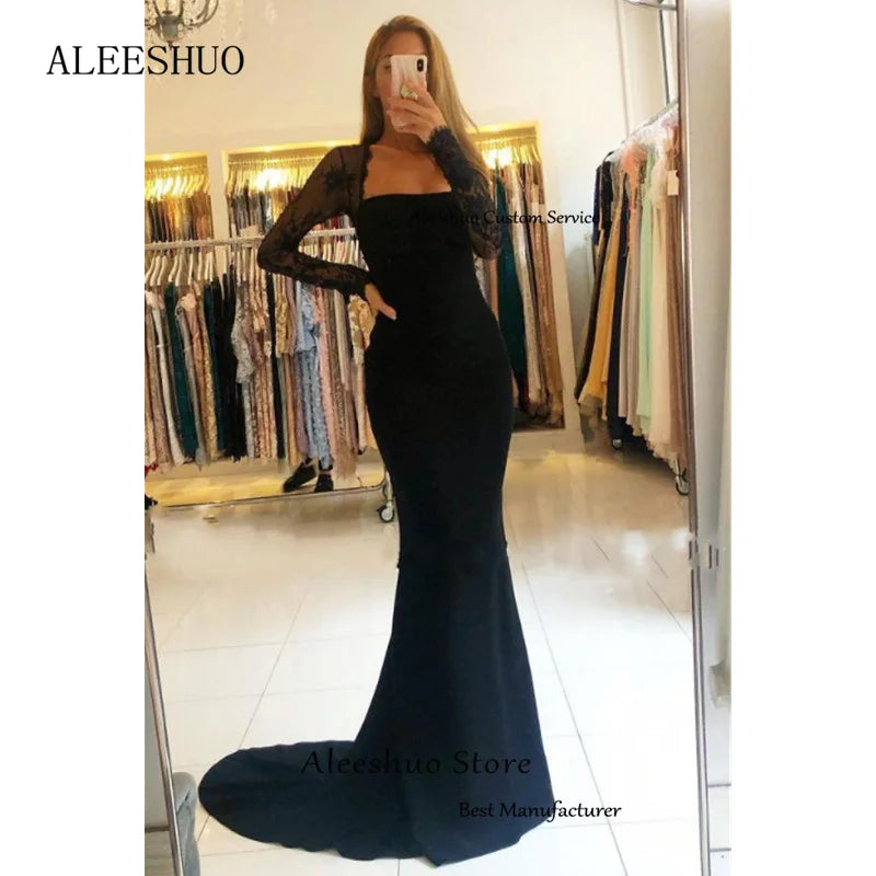 Aleeshuo Sexy Black Mermaid Evening Dresses Tulle Long Sleeves Backless Lace Prom Dress Sweep Train Cocktail Party Gown With Bow