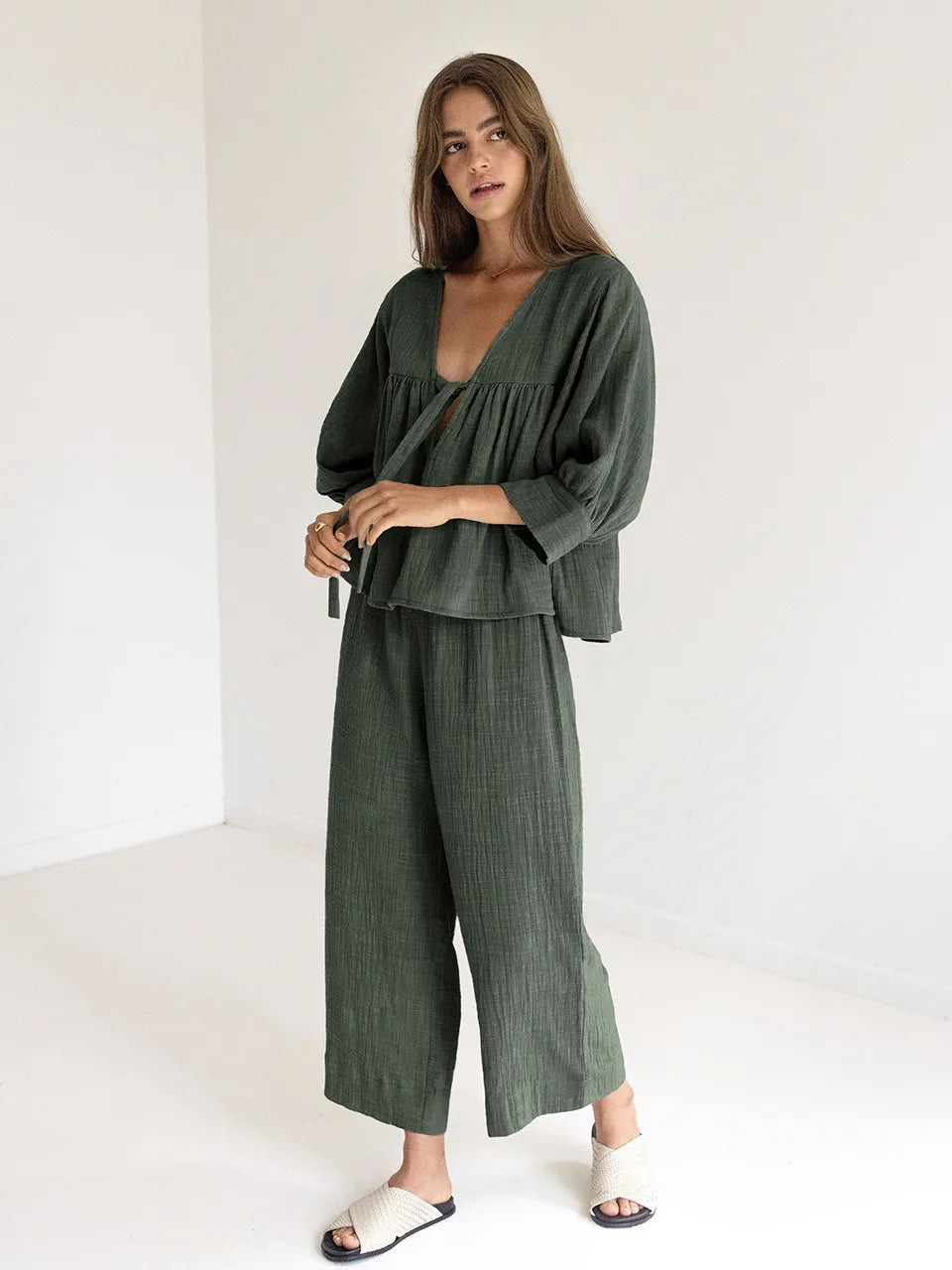 Linad Cotton 2 Piece Sets Women&#39;s Nightwear Three Quarter Sleeve V Neck Lace Up Pajamas Loose Trouser Suits Female Sleepwear