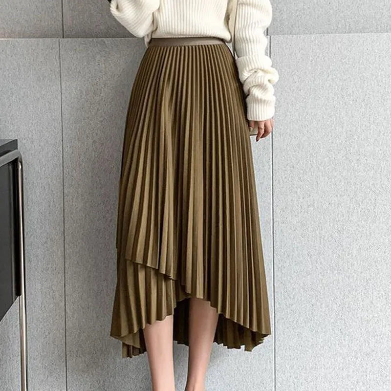 Korean Temperament High Waist Asymmetrical Pleated Skirt 2023 Summer New Style Midi Skirts Solid Color Chic Slit A-line Skirt