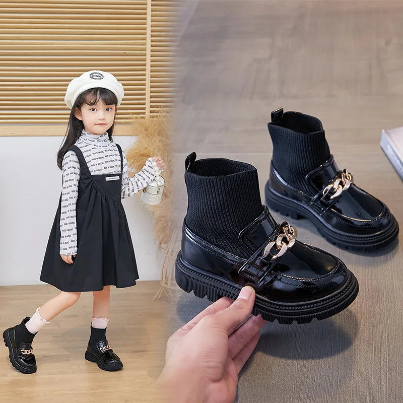 Girls Leather Boots Metal Chains Flying Woven Stitching Princess Boots Kids Leather Soft Sole Boots Children Socks Boots Fashion