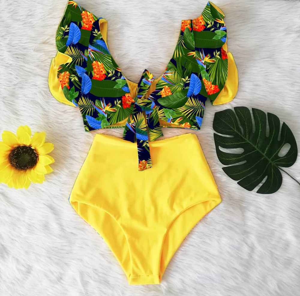 High Waist Ruffled Sexy Bikini Set 2022 Flounce Biquini Swimwear Women Two Pieces Swimsuit Floral Beachwear V-Neck Bathing Suit