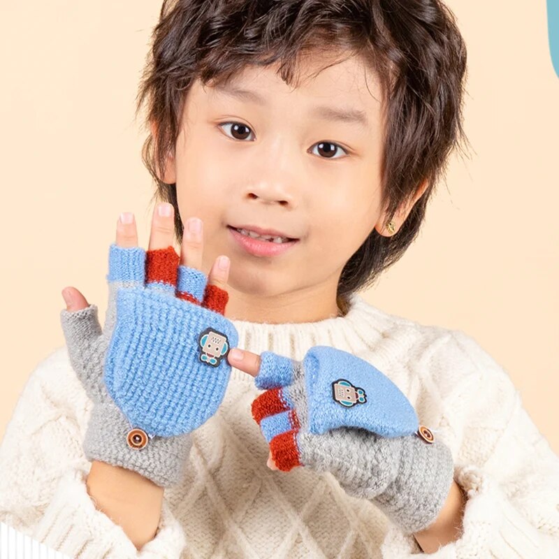 5-12 Years Winter Kids Warm Gloves Children Knitted Stretch Mittens Boy Girl Patchwork Elastic Fingerless Children Winter Gloves