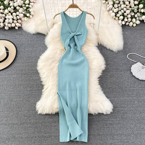 Sleeveless Hollow Split Wrap Dress Midi Sexy Fashion Elastic Tight Party Elegant Vestidos Chic Beach Vacation Summer Women Dress