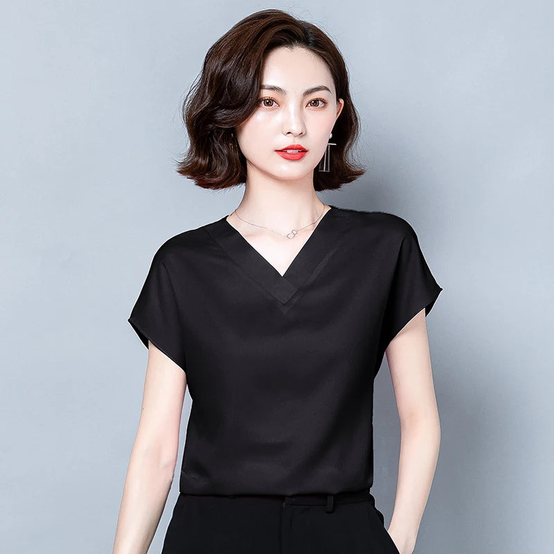 Office Lady Solid V-neck Blouse Women Summer 2023 Short Sleeve Casual Silk Satin Shirts Casual M-4XL Loose Tops Clothes 10297