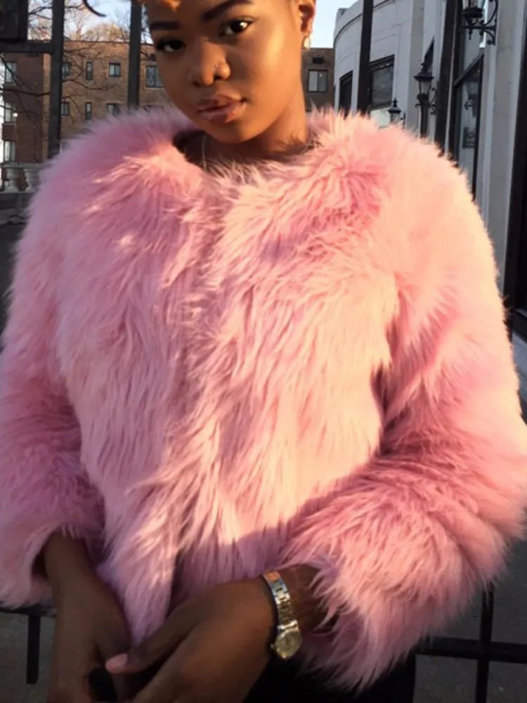 Pink Furry Fur Coat for Women White Fluffy Warm Lady Long Sleeve Female Outerwear Autumn Winter Coat Jacket Collarless Overcoat