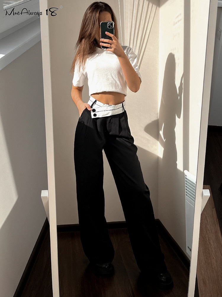 Mnealways18 Patchwork Wide Leg Pants Women Black Contrast Casual High Waist Pants Spring Summer 2023 Baggy Trouser Office Ladies