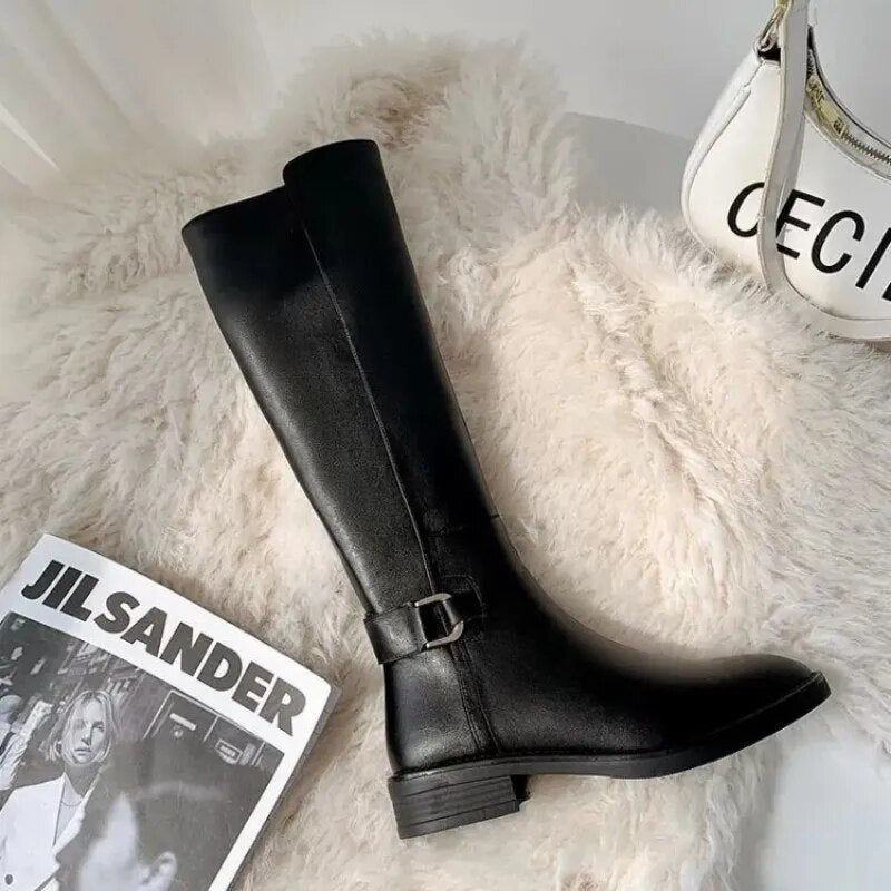 2023 new  Real Knee Boots For Women Shoes Buckle Metal Decoration Fashion Outdoor Ladies Footwear Size 34-41