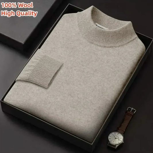 New 2023 Men's Mock Collar 100% Pure Woolen Sweater Tops Autumn Winter Cashmere Sweater Men Pullover Knitted Warm Sweater Male