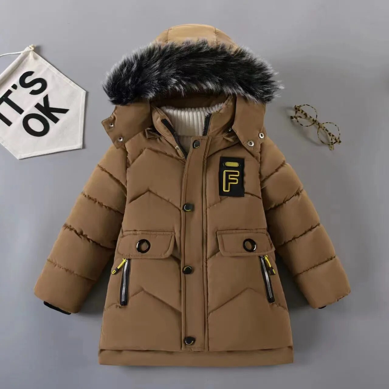 2023 New Style Winter Keep Warm Boys Jacket Letter F Fashion Lining With Plush Fur Collar Hooded Heavy Coat For Kids