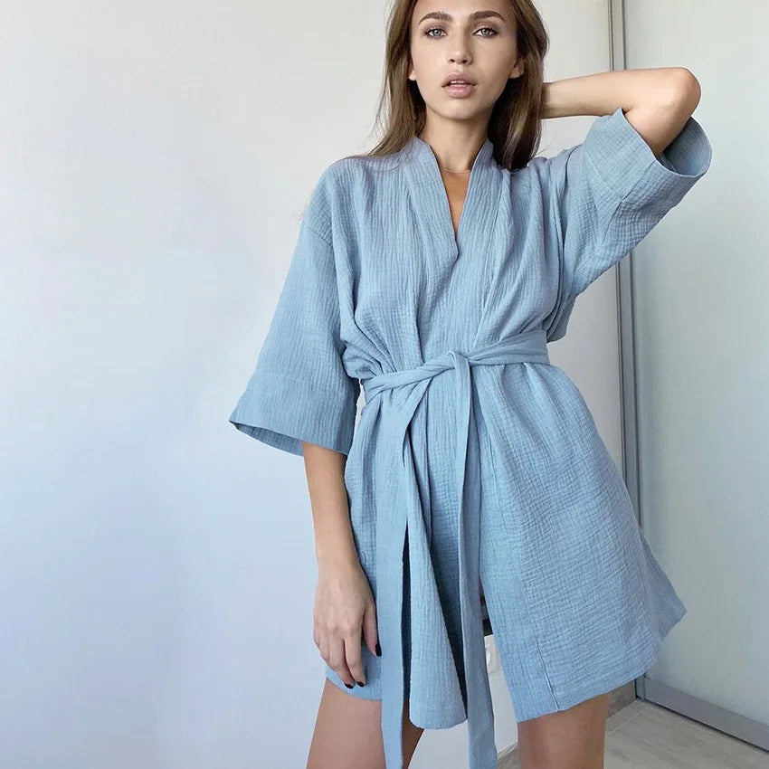 Crape Cotton Robe Women&#39;s Nightwear Mini Bathrobes Lace Up Sleepwear Muslin Women&#39;S Home Clothes Solid Color Robes Women Nightie