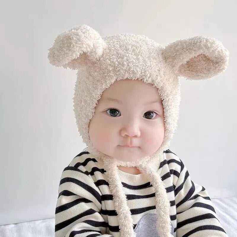 Cartoon Baby Plush Hat Winter Warm Infant Beanie Cap with Ears Autumn Cute Solid Color Kids Boy Girl Earflap Hats Bonnet Gorras