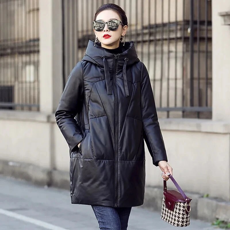 Thicken Snow Parkas Winter Women's Warm Hooded PU Leather Jacket Black Loose Long Coat Windproof Female Cotton Leather Overcoat