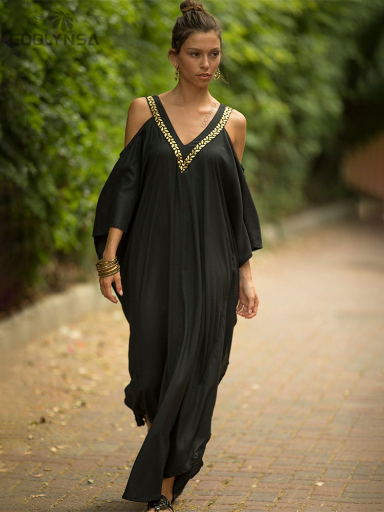 2023 Sexy Cold Shoulder V Neck Bats Sleeve Loose Summer Beach Dress Plus Size Women Beachwear Kaftan Black Dresses Q943