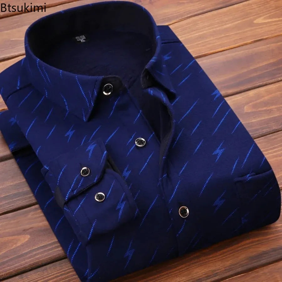 New 2024 Men's Warm Clothes Fashion Men's Print Long Sleeve Shirt Autumn Winter Thick Warm Shirt Tops Male Casual Dress Shirts