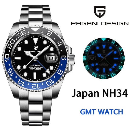 PAGANI DESIG NH34 GMT Men Mechanical Watches 100M Waterproof Sapphire Glass Stainless Steel Automatic Watch for Men