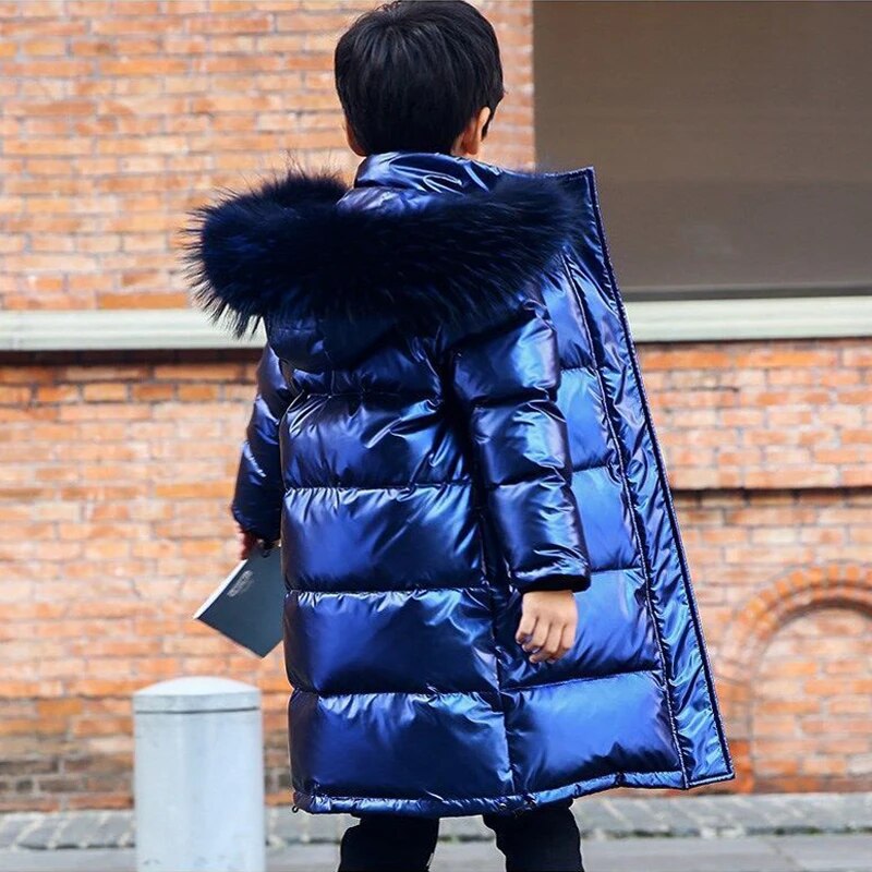 Fashion Shiny Boys Outerwear Winter -30℃ Coats Teenager Windproof Warm Down Jackets Children Clothing Long Parkas Kids Overcoat