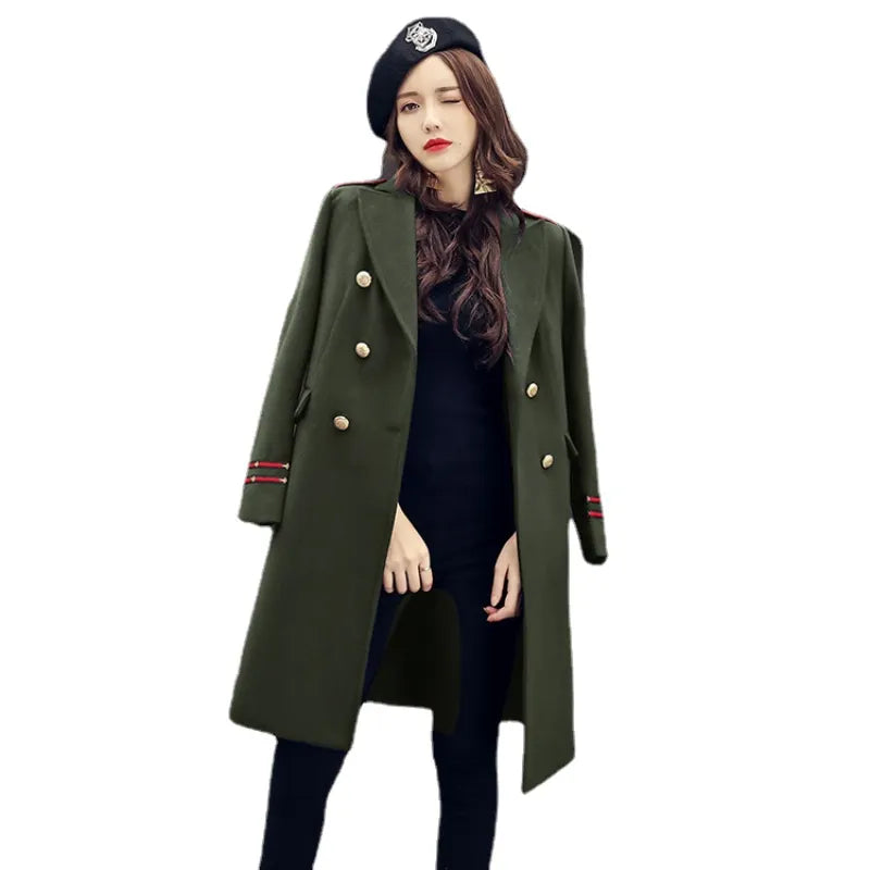 YASUGUOJI New 2021 Fashion Double Breasted Winter Coat Female Thicken Warn Overcoat Military Green Woollen Long Coat Women