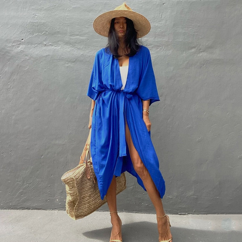 Beach Cover Up Kimono Women Summer 2022 New Pareo Swimsuit Cape Solid Bohemian Tunic Dresses Bathing Suits Dropshipping