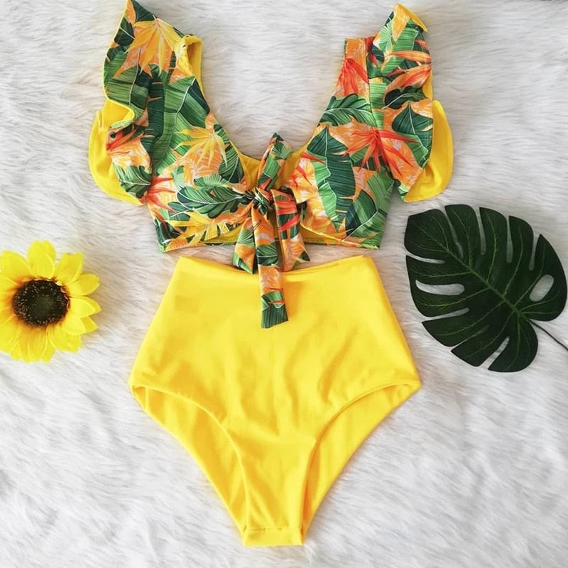 High Waist Ruffled Sexy Bikini Set 2022 Flounce Biquini Swimwear Women Two Pieces Swimsuit Floral Beachwear V-Neck Bathing Suit