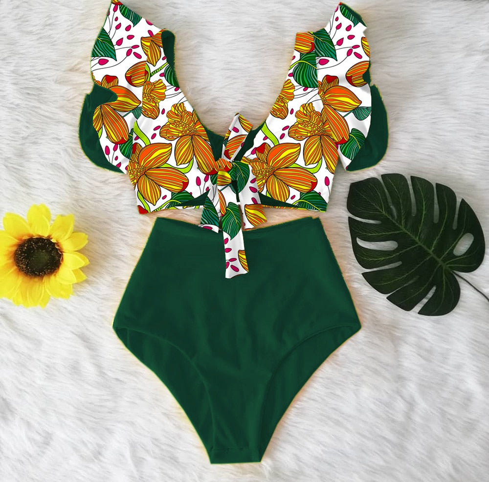 High Waist Ruffled Sexy Bikini Set 2022 Flounce Biquini Swimwear Women Two Pieces Swimsuit Floral Beachwear V-Neck Bathing Suit