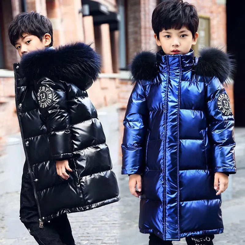 Fashion Shiny Boys Outerwear Winter -30℃ Coats Teenager Windproof Warm Down Jackets Children Clothing Long Parkas Kids Overcoat