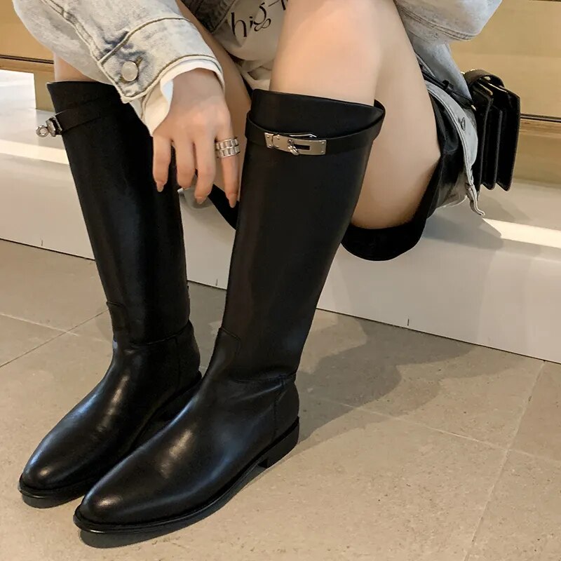 Mid Calf Women's High Boots Slip On Trendy Winter Boots With Charms Woman Shoes Spring Autumn Daily Riding Equestrian Boots