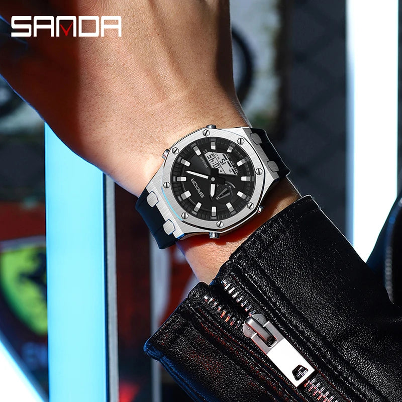 SANDA 3309 New Men's Watch Electric Multi-Function Fashion Trend Outdoor Luminous Alarm Clock Waterproof Shockproof Male Watches