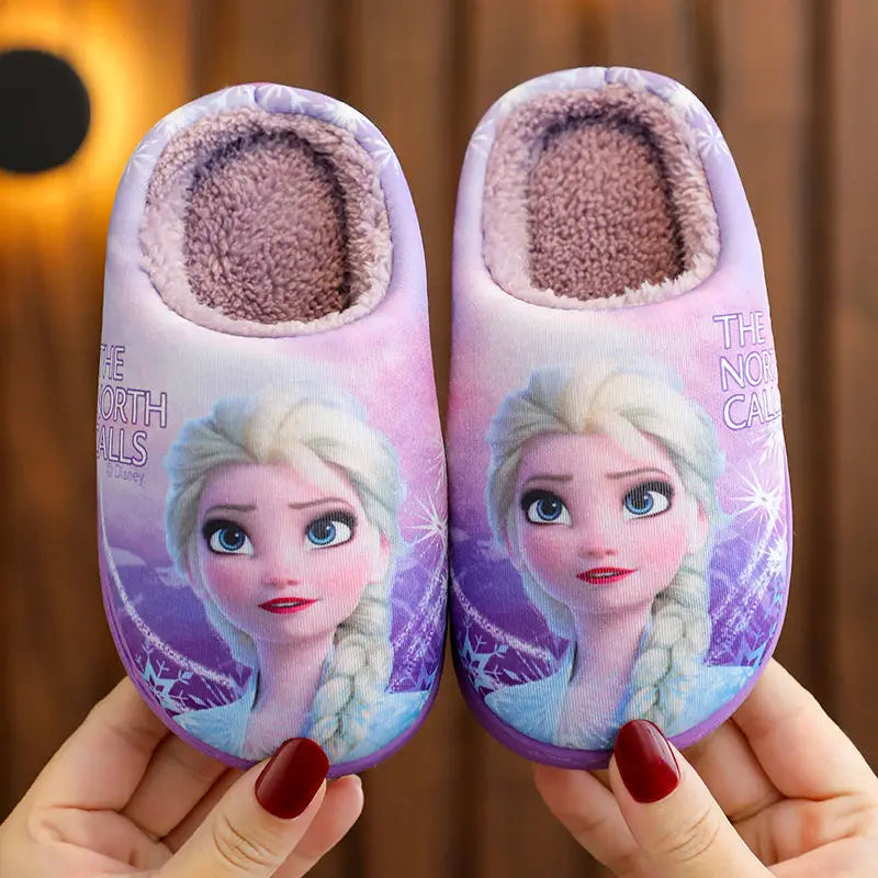 Disney Princess Sofia Elsa Winter Children's Cotton Slippers Girl's Parent-child Snow Non Slip Warm Baby Slippers Size 24-39