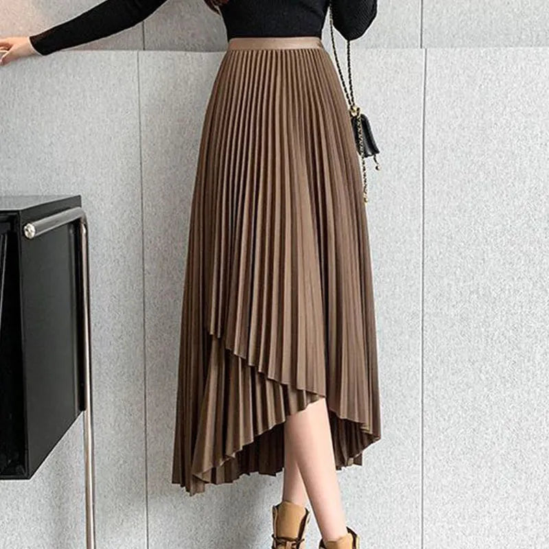 Korean Temperament High Waist Asymmetrical Pleated Skirt 2023 Summer New Style Midi Skirts Solid Color Chic Slit A-line Skirt