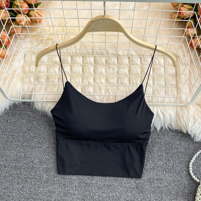 Summer Bra Ice Silk Crop Tops Sports Spaghetti Strap Vest Top Women Sexy Built In Bra Off Shoulder Sleeveless Camisole Underwear