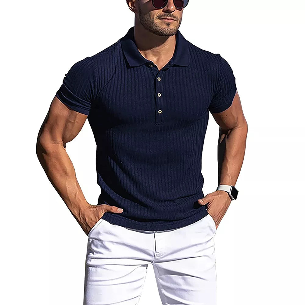 New Summer Polo Men Solid Stripe Fitness Elasticity Short Sleeve Polo Shirts for Men Fashion Stand Collar Mens Shirts