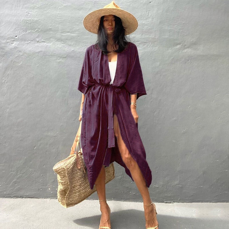 Beach Cover Up Kimono Women Summer 2022 New Pareo Swimsuit Cape Solid Bohemian Tunic Dresses Bathing Suits Dropshipping