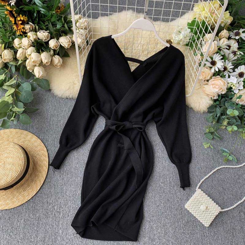 YuooMuoo Autumn Winter Women Knitted Sweater Dress 2022 New Korean Long Batwing Sleeve V Neck Elegant Dress Ladies Bandage Dress