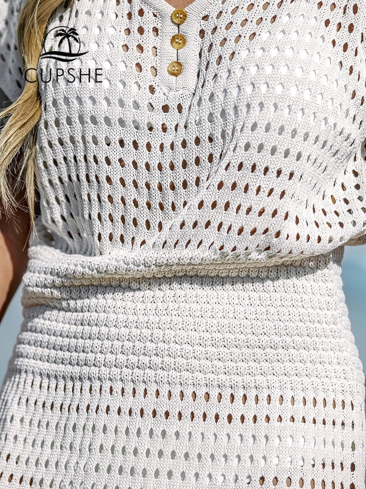 CUPSHE White Cutout Crochet Bikini Swim Cover Up For Women Sexy V-neck Short Sleeve Beach Tunic Mini Dress 2023 Summer Beachwear