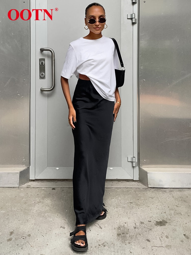 OOTN Elegant Satin Black Trumpet Skirts Fashion Slim High Waist Skirts Women Female 2023 Solid Office Long Skirt Spring Summer