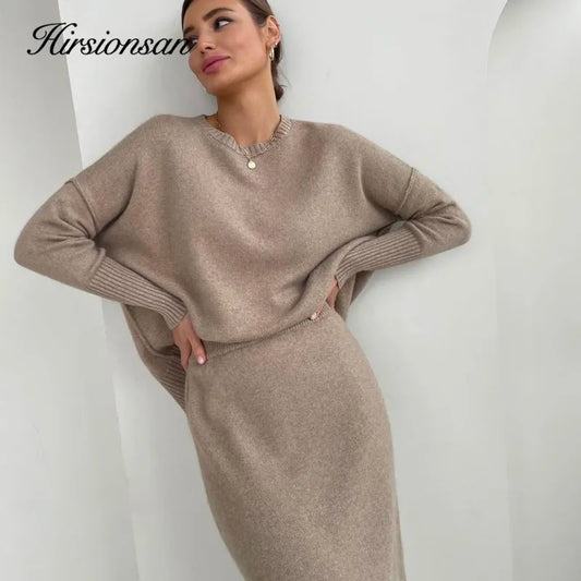 Hirsionsan Soft Elegant Vintage Women Suits 2023 New 2 Pieces Female Sets O Neck Sweater & Midi Dress Ladies Knitted TrackSuit