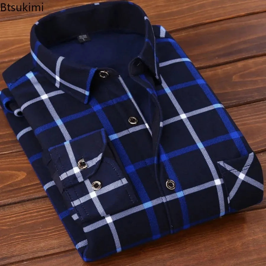 New 2024 Men's Warm Clothes Fashion Men's Print Long Sleeve Shirt Autumn Winter Thick Warm Shirt Tops Male Casual Dress Shirts