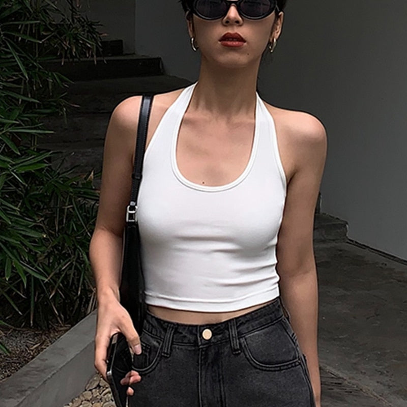 Cotton Sexy Backless Black White Tank Tops Halter Streetwear Vest Female Crop Top Summer 2023 Basic T-shirts Ladies Tube Camis