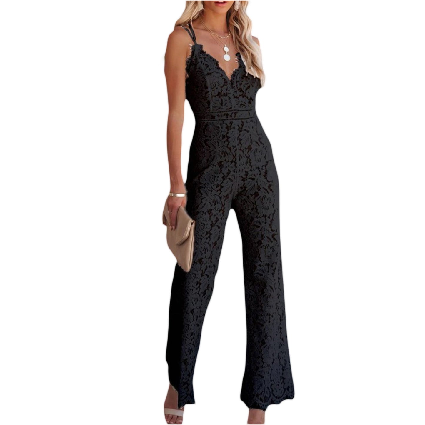 Women&#39;s Sexy Lace Floral Jumpsuit Summer V Neck Solid Color Sleeveless Backless Bodycon Long Romper Playsuit Party Clubwear