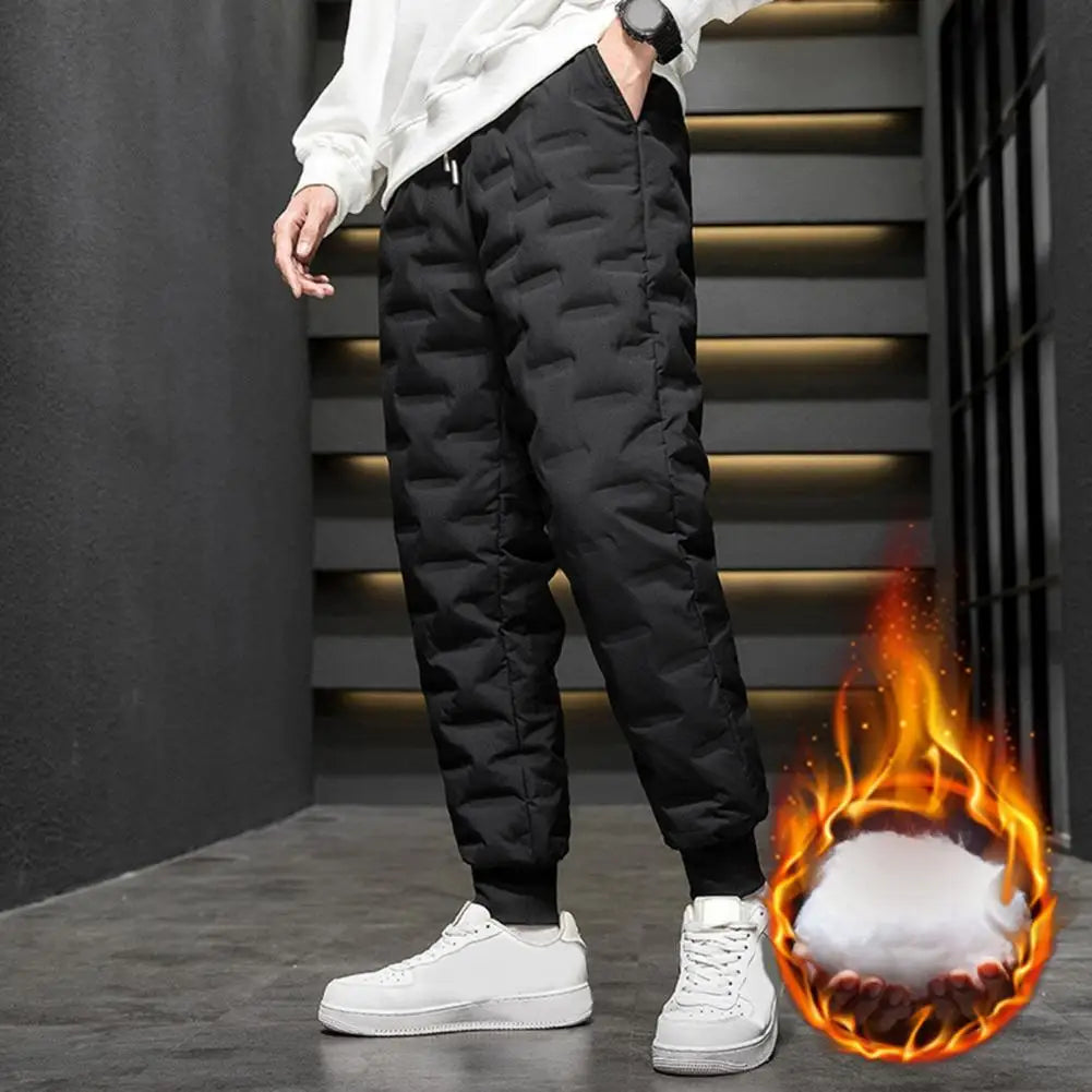 Men Autumn Winter White Duck Down Padded Thermal Sweatpants Elastic Waist Drawstring Pockets Thickened Joggers Pants Streetwear