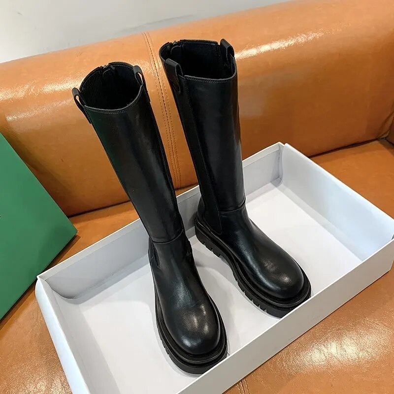 Women's High Boots Fashion Woman Non-slip Waterproof Winter Zipper PU Leather Knee High Boots Women Chunky Platform Long Boots