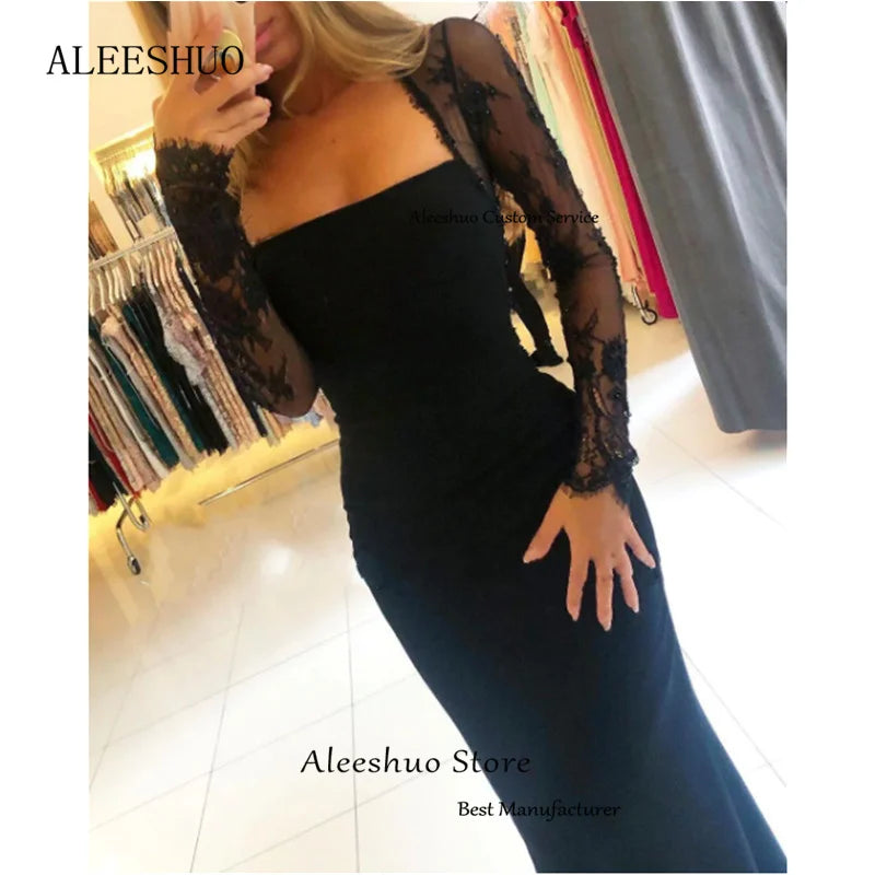 Aleeshuo Sexy Black Mermaid Evening Dresses Tulle Long Sleeves Backless Lace Prom Dress Sweep Train Cocktail Party Gown With Bow