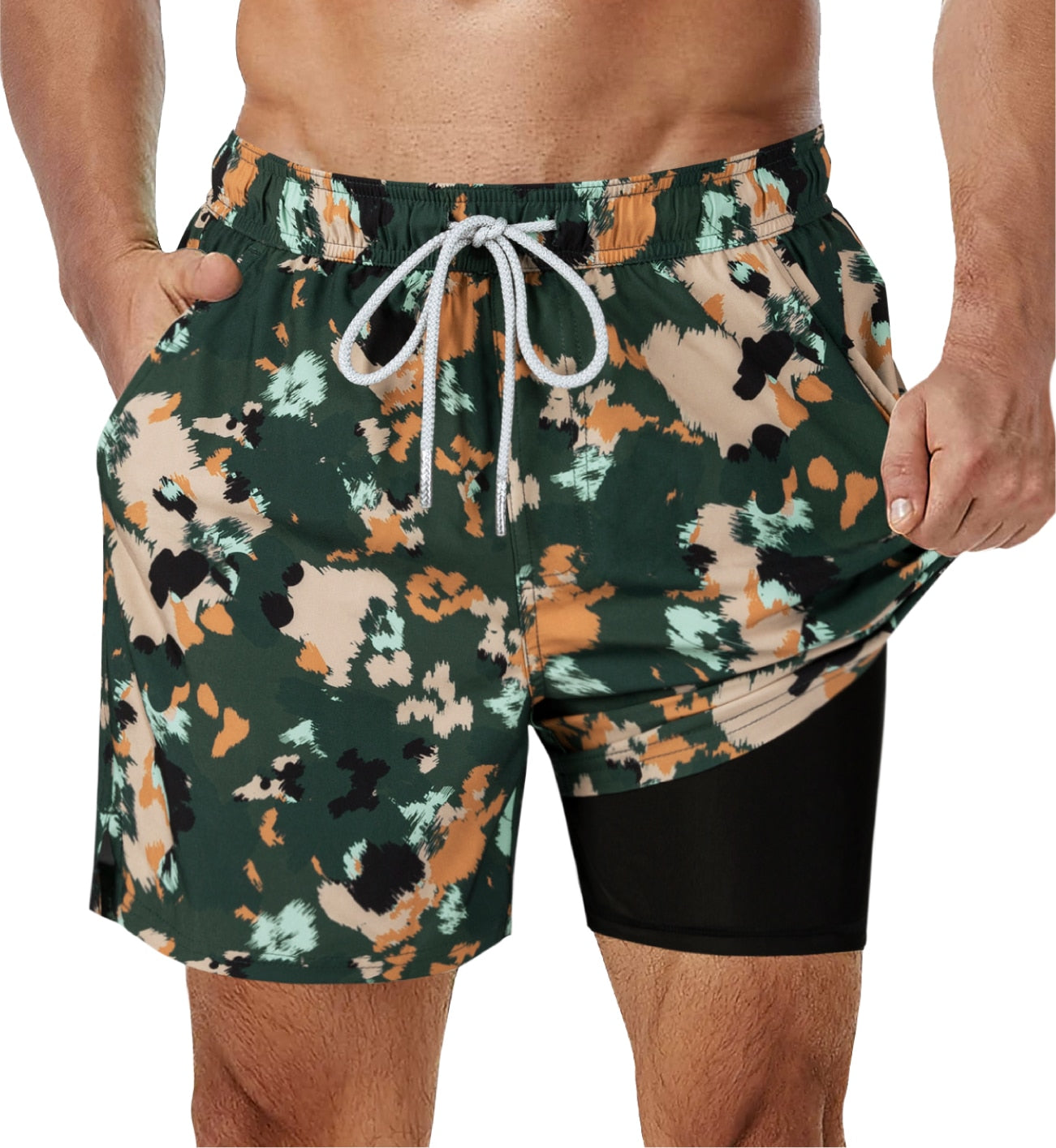 SURFCUZ Mens Swimming Trunks with Compression Liner Stretch Mens Swimwear 2 in 1 Quick Dry Running Gym Swim Shorts for Men